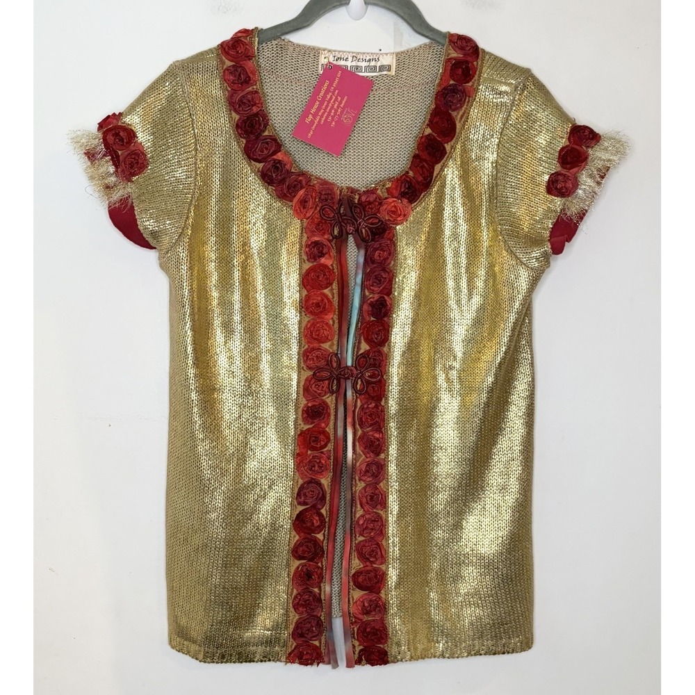 Women's Ione Designs Cardigan, Size S, Gold & Red Rosette Metallic Upcycled Sz M